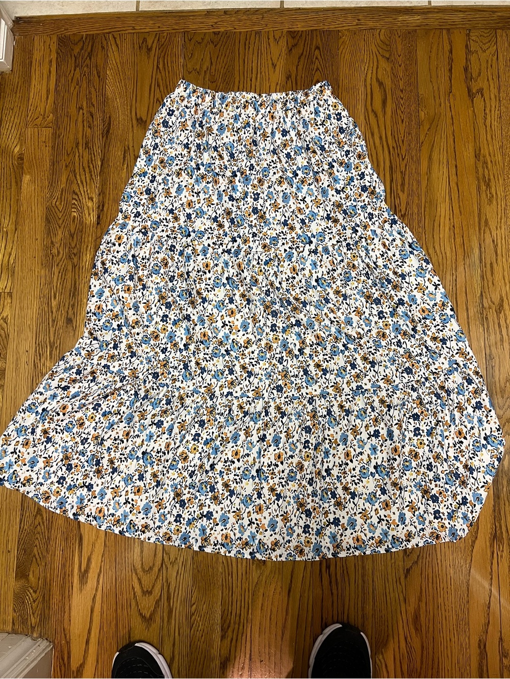 Tiered Floral Maxi Skirt in White with Blue & Tan Flowers